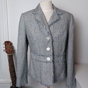 Worthington Blue and White Tweed Frayed Long Sleeve Blazer Women's Size S (6-8)